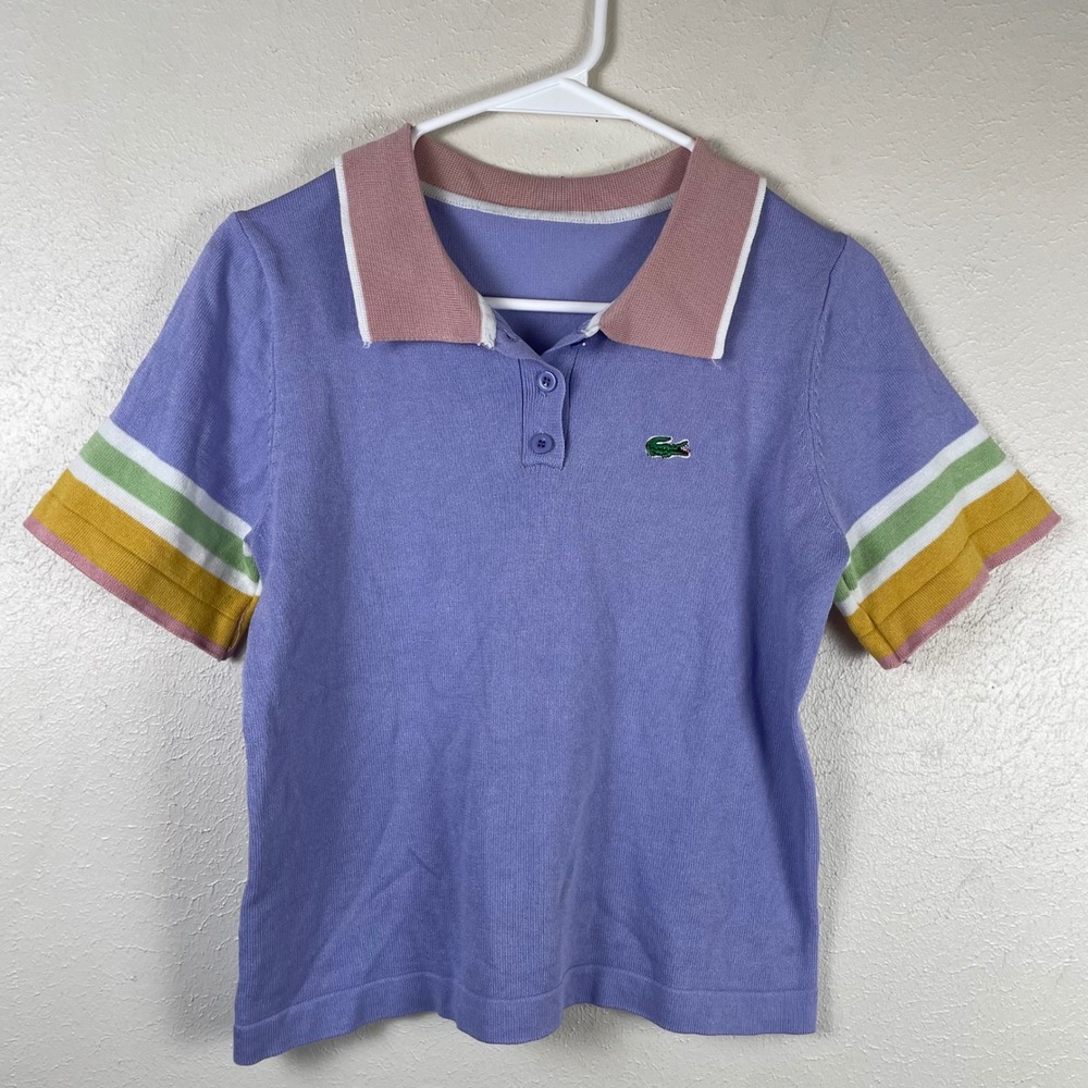 Lavender Knit Polo‎ Short Sleeve Retro Colorblock Striped Sweater Top